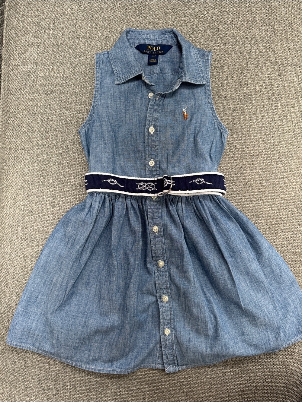 Polo by Ralph Lauren Light Blue Chambray Button Dress with Navy Belt